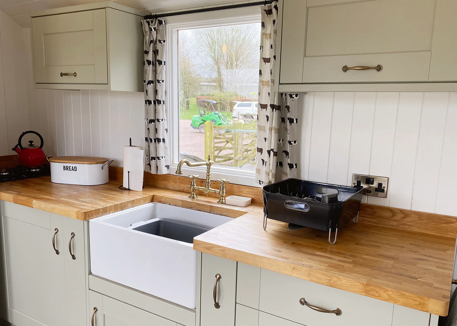 Shepherd's Hut kitchen at Inkersall Grange farm and Inkersall Cabins